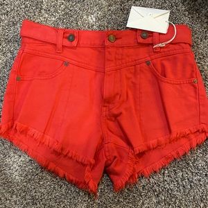 Red High Rise Cut Off Kancan Shorts